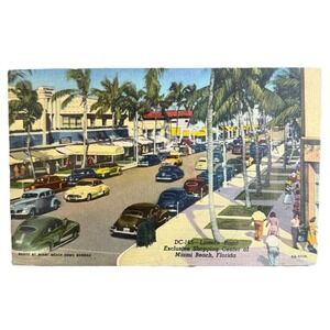 Vintage Linen Postcard Miami Beach Florida Shopping Center VW Beetle Lincoln Rd.